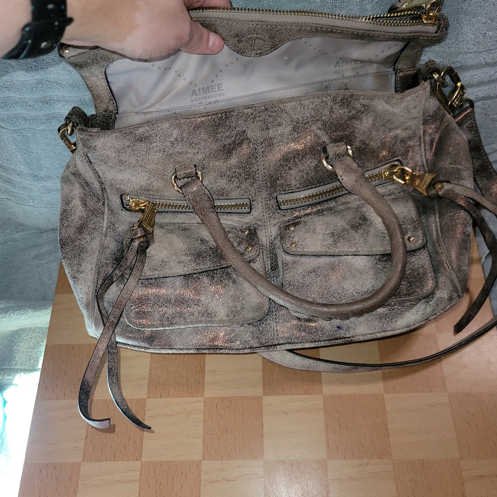 Aimee Kestenberg Taupe Metallic Leather Satchel